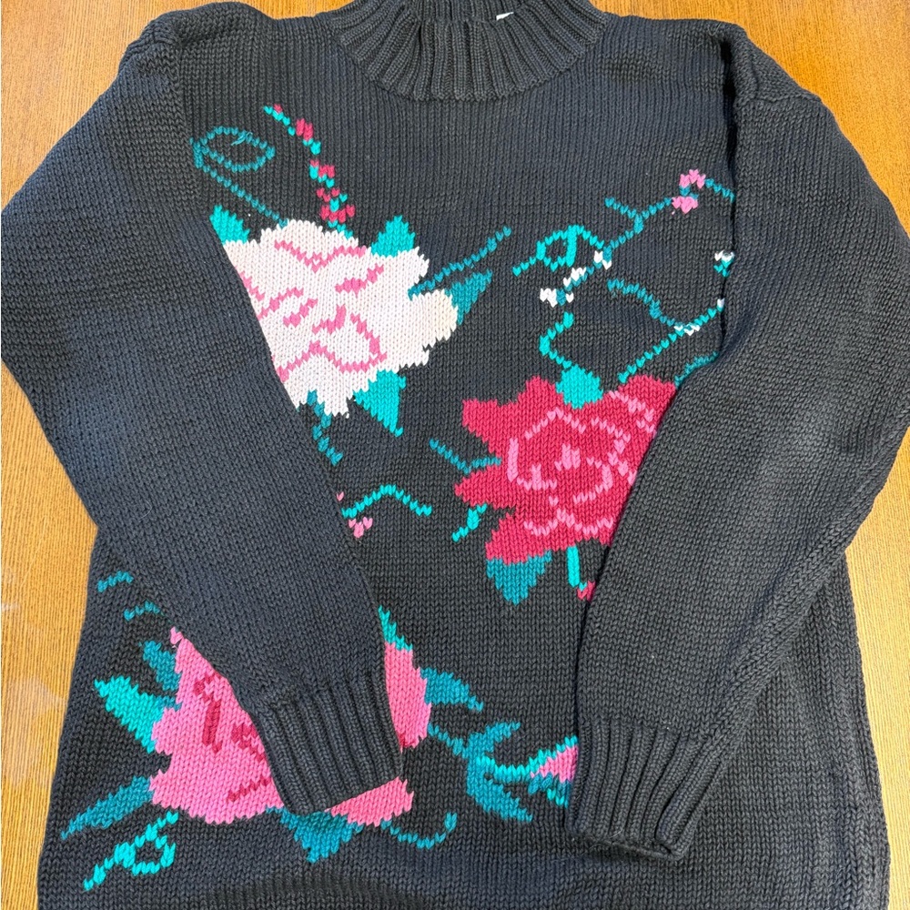 Vintage Elegant Floral Turtleneck Sweater - Black with Pink and White Accents